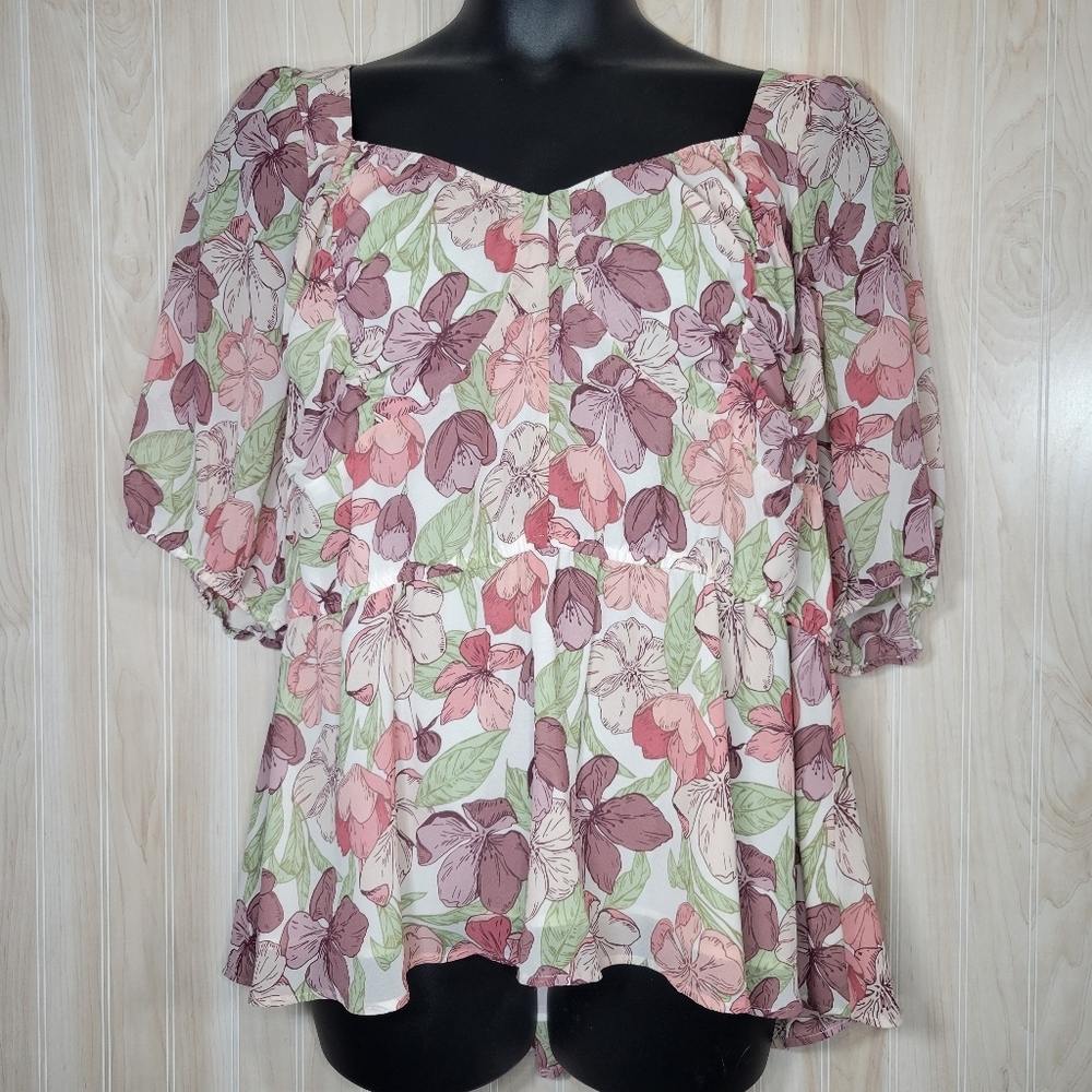 Cato Floral Square-Neck Blouse in Pink, Mauve & Green